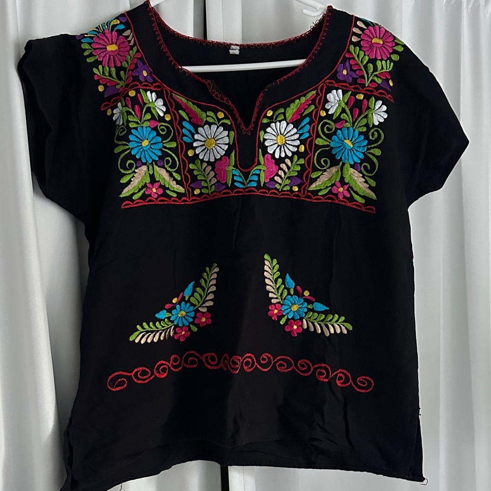 Oaxacan Vibrant Floral Embroidered Black Blouse